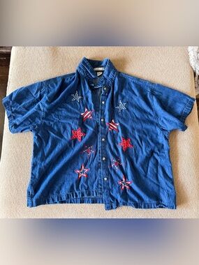 Vintage Maggie & Max 2X Patriotic Star Chambray Button-Down Shirt